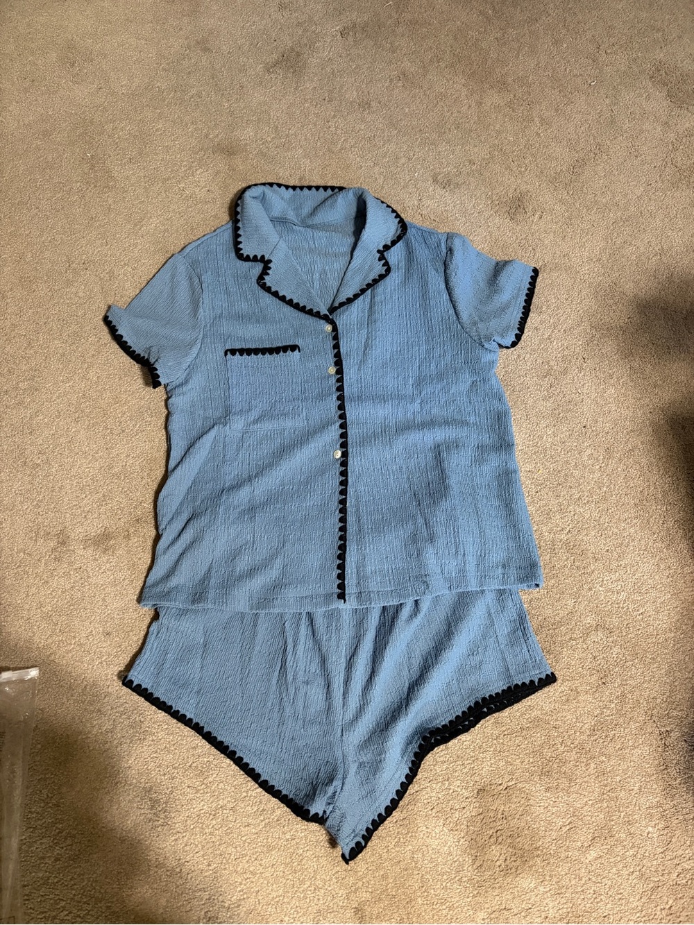 Blue Short Sleeve Pajama Set with Black Trim